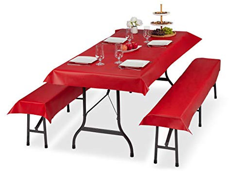 Relaxdays Bierzeltgarnitur Auflage 3er Set, Biertisch Tischdecke 250x100cm, 2 Bierbankauflagen 250x55cm, abwaschbar, rot