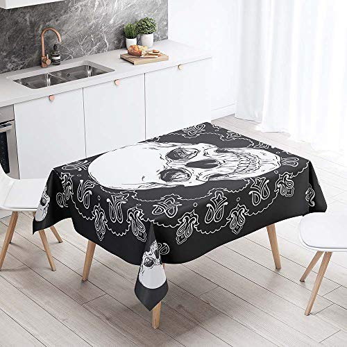 Chickw1 Tischdecke Abwaschbar, Wasserdicht Polyester Rechteckig Fleckschutz Abwaschbar Pflegeleicht Mehrzweck Schwarz Horrorschädel Gartentischdecke Outdoor Garten Deko (Weißer Bohemian,140 * 160cm)