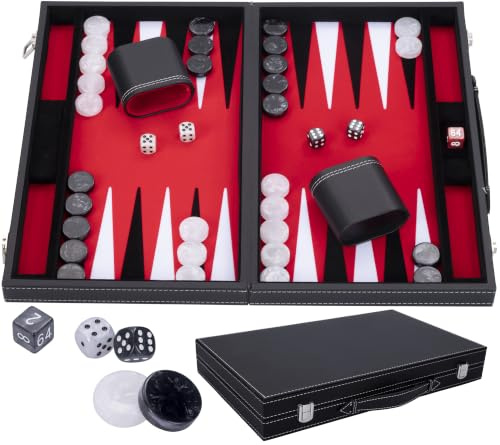 Engelhart - 250507 - Luxus Backgammon - Rot - 38 cm - 15 Zoll - Kunstleder - Filzeinlage - Perlmutt-Würfel und Spielsteine + 2 Becher - Strategie - Backgammon-Spiel