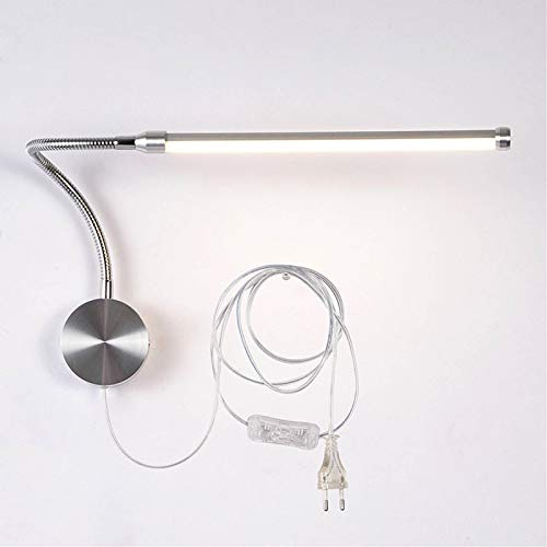 WRMING 6W LED Leselampe Wandlampe mit Schalter,Modern Schlafzimmer Nachttischlampe,Silber Einstellbar Schwanenhals Lampe,Büro Kinderzimmer Studie Innen Wandbeleuchtung,mit 190cm Kabel,4500k,with plug