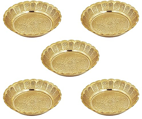 Shubhkart Solid Brass Decorative Nakshi Plate Set, Ideal for Puja, Home Decor, Diwali and Festive Gifting, Pack of 3 Plates in Small 7 cm, Medium 9.5 cm and Large 11 cm Sizes, Assorted Pack of 3