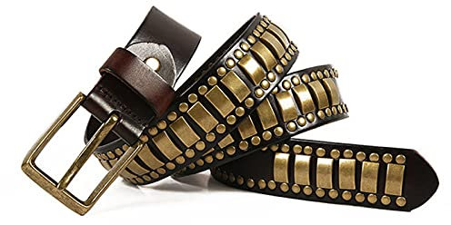 3 Reihen Nietengürtel Mit Runden Nieten Im Ornament Design Punk Rock Gothic Style Echtleder Gürtel Für Damen Und Herren, Ca. 3.8 cm Breit, Kürzbar,Kaffee,105cm/waist:34~36