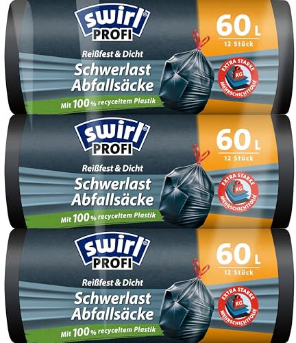 Swirl Sacchi della spazzatura pesanti da 60 l (3 x 12 sacchetti), sacchetti della spazzatura con pratico cordino, sacchetti antigoccia e antiperforazione per rifiuti pesanti in casa e giardino