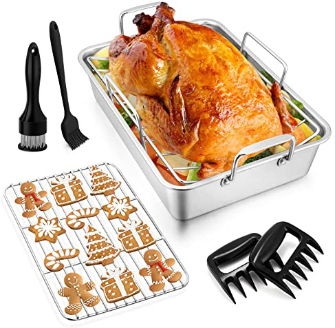 Roasting Pan with Rack for Turkey Chicken (7 Pcs), Joyfair Stainless Steel Roaster Pan Set, Deep Rectangular Lasagna Bakeware & Cooling Flat Racks/V-rack, Heavy Duty & Dishwasher Safe (Small)