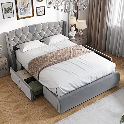 ZYLOYAL10 Samt Polsterbett, Schubladen aus stabilem Drahtgeflecht, Doppelbett mit Lattenrost und 4 Bettschubkästen, ohne Matratze, grau (140 x 200 cm)