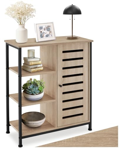 tectake® Sideboard mit 3 Fächern und Schrankfach, 71 x 32 x 82 cm, Industrie-Design, Holz Kommode für Wohnzimmer Flur Küche Bad, Metallgestell (Tür rechts, Industrial Holz hell, Eiche Sonoma)
