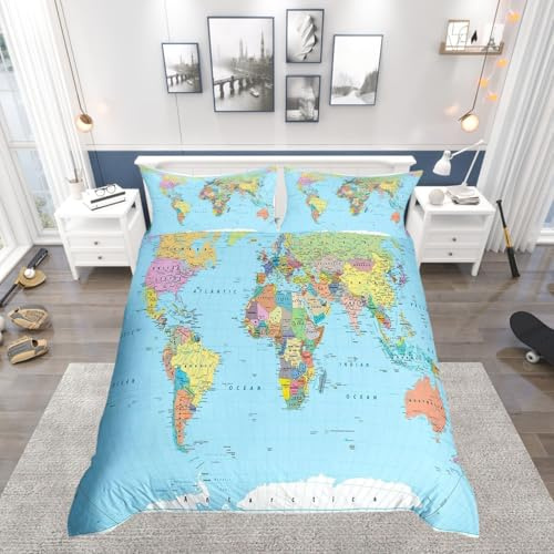 Homewish World Map Duvet Cover Single Multicolored Bedding Set 3D Geography Blue Ocean Bedroom Decor Comforter Cover America Europe Asia Africa Quilt Cover