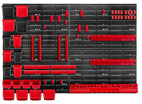 KADAX Verkstadsvägghylla, 116 x 78 cm förvaringssystem av robust plast, UV-resistent verkstadshylla, expanderbara väggplattor, sorteringshylla för garage, (röd, 61 delar)