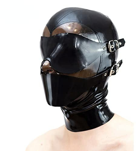 Sexy Latex Maske Bondage Maske Vollmaske Extrem Sklave Bondage Maske Handgefertigt BDSM Maske mit Augenbinde und Knebel Lassen Atemlöcher Sex Maske für Maskerade Cosplay Sexspielzeug,S,Black