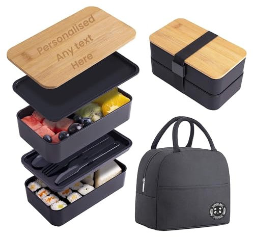 TinyGift personalesed Lunch Box with Lunch Bag 2 Layer Lunch Container with engrave Bamboo Lid Bento Box for Adult with Lunch Bag