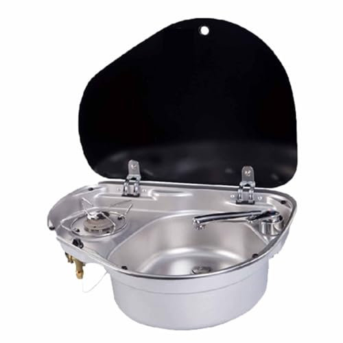 WENNEWU Kombination Aus Herd, Kochfeld Und SpüLe, Klappbarer Wasserhahn, Mini-Gasbrenner, EinbauspüLe Aus Edelstahl Mit Glasdeckel, FüR Boot, Wohnmobil, Wohnwagen, Wohnmobil,Silber