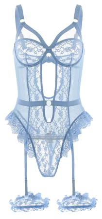 Satohom Mujer Sexy Conjunto Sexy Lencería con Ligueros Una Pieza Ropa Interior Encaje Push Up V Body Transparente Picardias Pijama sin Tanga Eróticas Teddy Babydoll Floral Valentín Lingerie