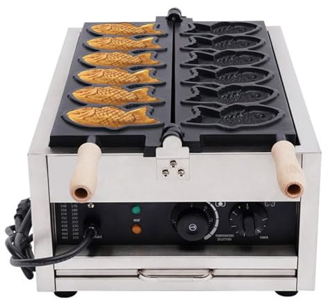 DXDRT Gofrera Taiyaki Comercial, 3KW 6 Pcs Máquina para Hacer Gofres Tipo Pescado JaponéS Antiadherente, Máquina para Hornear Gofres Eléctrica para Panadería, Restaurante, Cafetería, Hogar