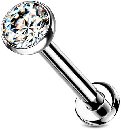 Piggklänning, labret, piercing, titan, zirkon, silver, push-in, utan gänga, brosk, helix tragus, örhänge, tragus, läpp, universell boll, kristall, platt, 1 mm Stabstärke / 6 mm / 2 mm Länge und