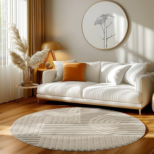 HomebyHome Teppich Rund 200 cm Beige, Hochflor Wohnzimmer Teppich, Weich & Flauschig, Skandinavisch Boho Stil, Langflor Shaggy, Pflegeleicht, Jute Rückseite