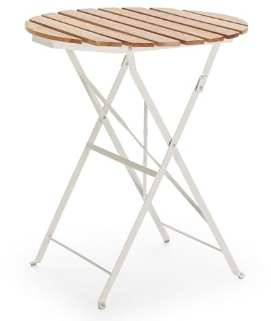 HOMN LIVING Klappbarer Gartentisch, Bernstein, rund, aus Holz und Metall, Weiß, 60 cm Durchmesser
