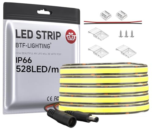 BTF-LIGHTING FCOB COB Flexible hohe Dichte Einfarbige LED-Streifen Kaltweiß 6000K DC12V 5M 528LEDs/M 14W/M 10mm Schwarzes PCB Dimmbares LED IP66 Wasserdicht für Innendekoration (nur Streifen)