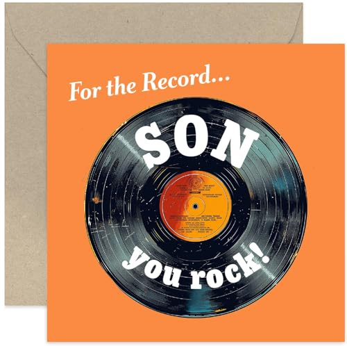 Old English Co. Birthday Cards for Son - For The Record - Vintage Vinyl Music Design Birthday Card for Him - Son Birthday Card - Gift for Him - You Rock Birthday Card | Blank Inside