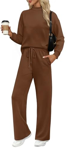 WIHOLL Women's Athletic Clothing Sets Long Sleeve Mock Neck 2 Piece Outfits Fall Winter Fashion 2026 Going Out Sets Spring Beach Vacation Clothes Fashion Coffee M