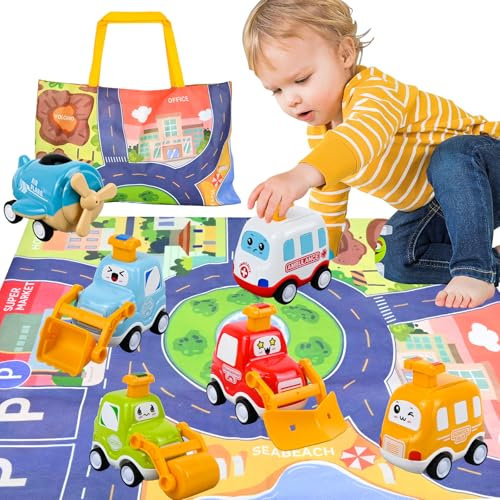 Ulikey Spielzeugautos für Kleinkinder, Press and Go Auto für Kleinkinder ab 1 2 3 Jahren, 6 teiliges Autospielzeug mit Spielmatten Aufbewahrung, Lernspielzeug Geburtstag Geschenk für Mädchen Jungen