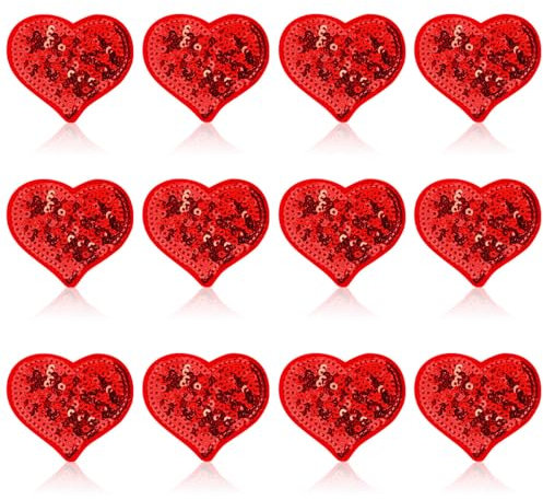 Aufnäher mit Pailletten, Herzen, zum Aufbügeln, Valentinstag, Kleidung, bestickt, bunt, glänzend, rotes Herz, zum Aufnähen, Reparatur, für Kleidung, Jacken, Jeans, Hosen, Kleid, Rucksack, Hut, 12
