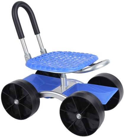 PERZOE Rolling Garden Seat and Trolley with Swivel Planting Station, Adjustable Height & 4 Flat Wheels, Heavy-duty Workseat Scooter for Weeding, Blue