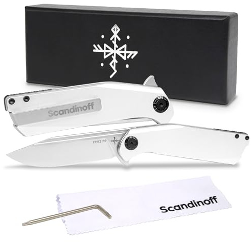 Scandinoff Klappmesser - Aluminiumgriff - Einhandmesser - 95mm Klinge - Taschenmesser - Klingenform „Modern SEAX“ - Sandvik 14C28N Stahl - EDC Messer für Outdoor, Wandern, Camping | Pocketor 95 Alu