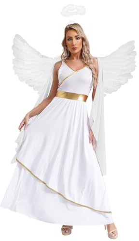 Fldy Disfraz de ángel para mujer con vestido de alas y aureola para adultos, disfraz de navidad, disfraz de fiesta, color blanco, L