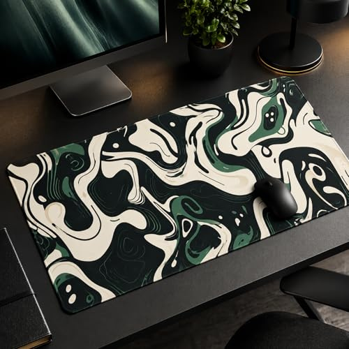 XXL Gaming Mouse Pad 31.5x15.7 Inch, Topographic Green White Desk Mat | Abstract Topographic Design with Waterproof Non Slip Rubber Base, Extended Keyboard Mouse Mat for PC Laptop Office & Gaming