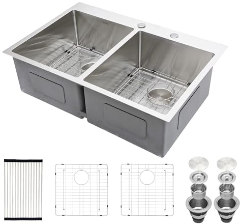 Beslend 33 Inch Drop In Kitchen Sink Double Bowl Top Mount Sinks 33x22x10 Inch Stanless Steel Double Sinks 16 Gauge 50/50 Kitchen Sink Basin