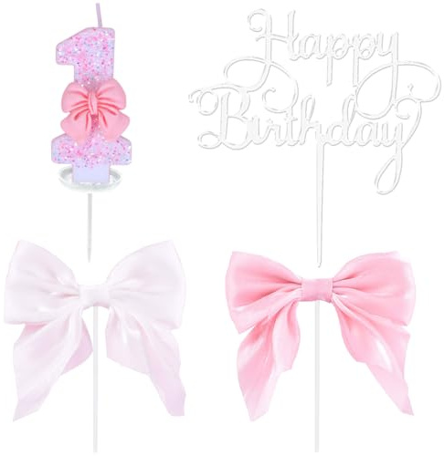 Geburtstagskerzen Zahlen 1, Happy Birthday Tortendeko, 1 Geburtstag Mädchen, Glitzernde Rosa Fliege kuchendeko 1. Geburtstag, Happy Birthday Cake Topper, Zahlenkerze für Geburtstagsdeko