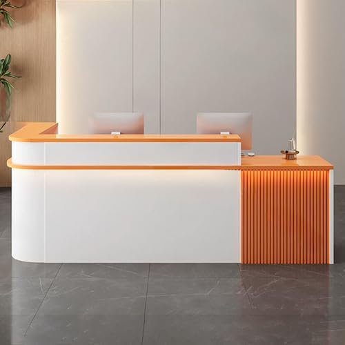 L-förmiger Empfangstresen mit abschließbaren Schubladen, moderner Tresen für Salonkasse und Büro, stilvolles Design in Weiß und Orange, 140 cm