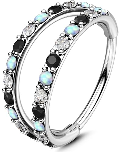 OUFER Body Piercing Nose Ring Hoops 20G Nose Piercing Jewellery 6/7/8mm Nostril Conch Hoop Double Line CZ Opal Helix Tragus Daith Snug Rook Cartilage Earrings Ring