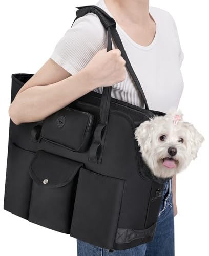 Eyein Hundetasche - Tragbare hundetragetasche mit Taschen & Sicherheitsleine, Atmungsaktive Transporttasche für kleine bis mittelgroße Hunde und Katzen unter 5,5 kg, Schwarz