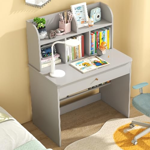 Maxmass Wooden Kids Desk, Children Writing Table with Open Shelves and Large Drawer, School Student Study Desk Studying Table for Learning, Reading, Writing (Grey)