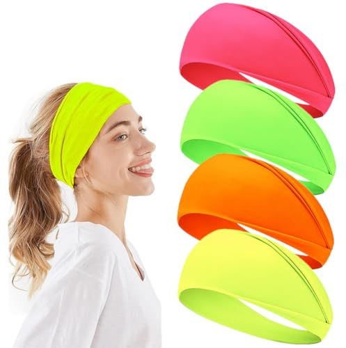 RuiChy 4 Stück Baumwolle Sport Stirnband, Neon Farben Elastisch Fitness Schweißband Unisex Breit Haarband Modisch Atmungsaktiv Kopftuch Bunt Turban für Yoga Laufen Gym Radfahren Bühne Party