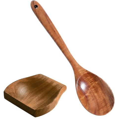 2 cucchiai angolari in legno, cucchiai in legno per cucinare con supporto, set di utensili da cucina in teak di alta qualità, impugnatura comoda, manico lungo, facili da pulire, utensili da cucina in