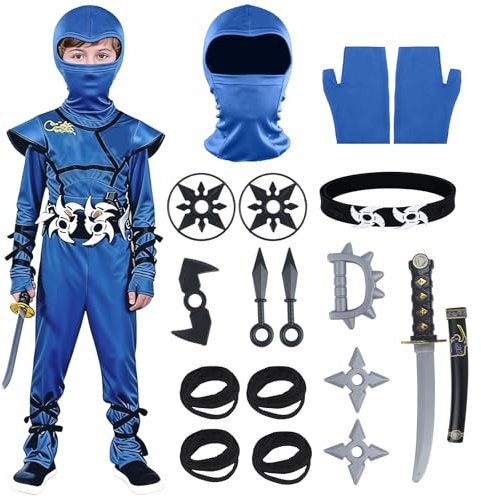 Kitimi Costume Ninja Bambino Completo con Accessori da Ninja, Ninjago Costumi Creativo Adatto Costume Carnevale Ragazzo Cosplay Vestito Ninja Bambino per Carnevale Feste in Maschera Tema Party Natale