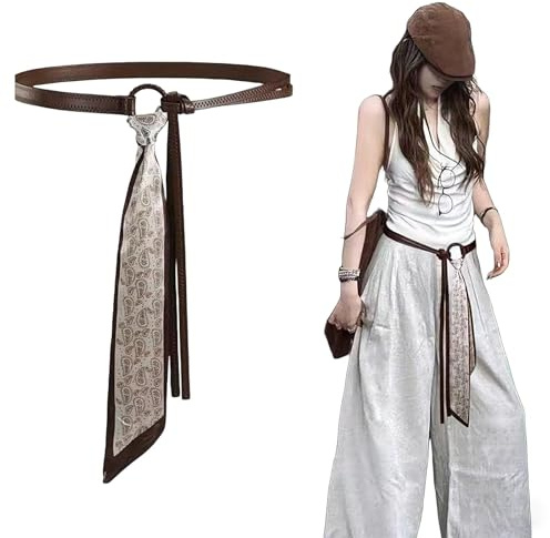 LAOYEFACAI Damen Gürtel Schal Seiden Leder Y2K Hip Hop Punk Vintage Bauchkette für Jeans, Verstellbare Hüftkette, Frauen Breiter Bund Höhe Taille Gurt