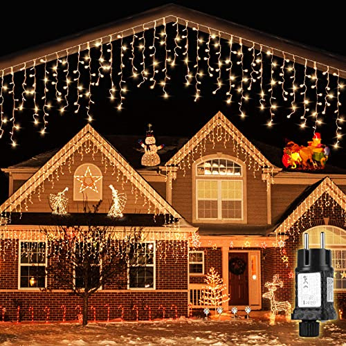 SALCAR 2 Pack 5m 200 LED Icicle Lights, Mains Powered Christmas Fairy Lights with 24 Drops, 8 Flashing Modes, Outdoor Garden, Wall & Eaves Decorations – Warm White(Warm 5m 2 Pack)