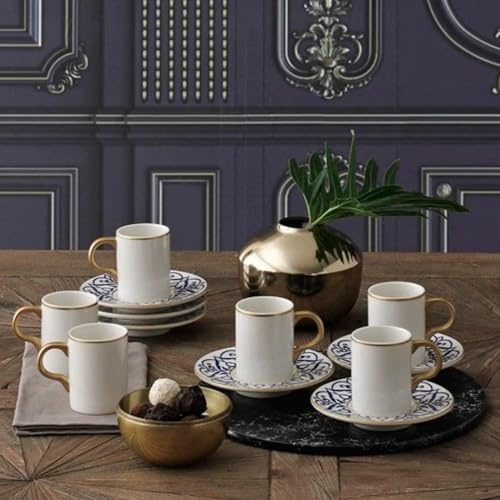 NORDIC SCHILLER Kaffee-Set, 12-TLG., Bone Porzellan, Weiß & Gold, 100 ml – Schlichte Tassen & dekorative Untertassen – 6 Personen