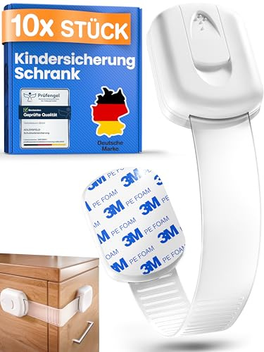 ADLERSFELD® 10x Kindersicherung Schrank - (Mit 3M Kleber) Schranksicherung Baby - Längenverstellbare Schubladensicherung Baby für Schränke, Kühlschrank, Tür - Kindersicherung Schubladen Kinder Weiß