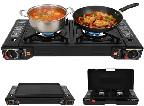 LKHDONG Réchaud à gaz portable à 2 feux - Pour camping - Table de cuisson - Table de cuisson - Réchaud à gaz double avec mallette - Allumage piézoélectrique 2,5 kW (avec plaque de grill)