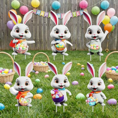 ZeiLaBang Kakadi 6 Stück Osterhasen Gartenstecker,2D Ostern Werbeschilder,Ostern Dekor Hof Zeichen,Osterdeko für Draußen,für Frühling Ostern Partei im Freien Familie Wetterfest Hof Rasen Garten Dekor