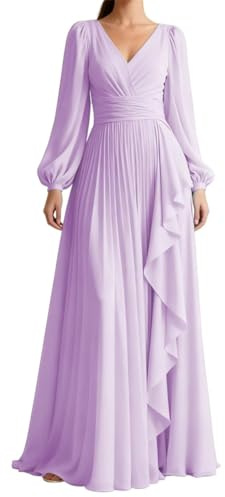 SAYNO Vestido de dama de honor de gasa para mujer, con abertura, cuello en V, vestido de cóctel formal, Lila, 36