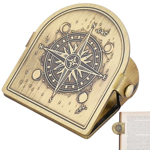 craspire Pince à Livre en Métal avec Boussole Motif Phases de Lune Vintage pour Carnet de Voyage Reliure Décorative en Laiton Marque Page Accessoire de Lecture pour Agenda et Carnet de Voyage.