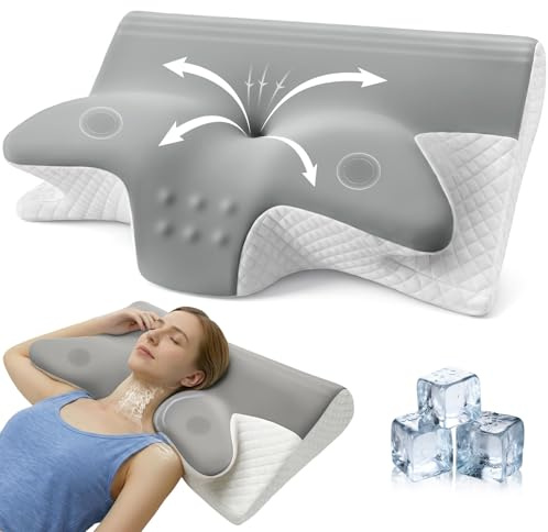 Honfay ergonomisk nackstödskudde, 2-i-1-kudde av minnesskum | Nackkudde för dem som sover på sidan, på rygg och på magen, 60x40x12/14 cm, tvättbart överdrag vid 40 °C (grå)