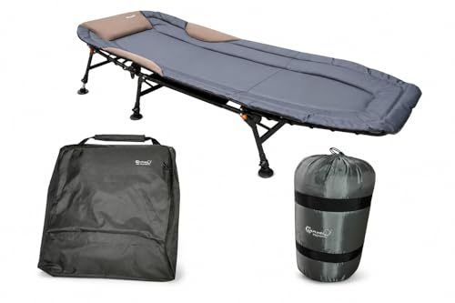 Carpline24 Karpfenliege Set 3-teilig – Economic 6-Bein Bedchair, Schlafsack & Bedchair Bag XL | Angelliege mit Kopfkissen, Schlafsack und Transporttasche | Komplettes Schlafsystem für Karpfenangler