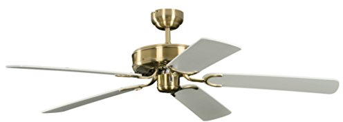 Pepeo Deckenventilator ohne Beleuchtung Potkuri, Gehäuse Messing Antik, Wendeflügel Weiß oder Weiß mit Rattaneinlage, 132 cm, für Räume bis zu 25m²