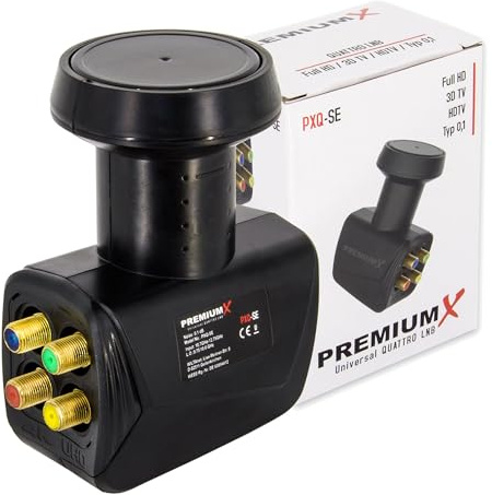 PremiumX Quattro LNB för Multiswitch - Konverter för TV-signal Multiswitch med väderskydd – Digital satellitmottagare i svart färg – DVB-S2 8K UHD 4K Full HD